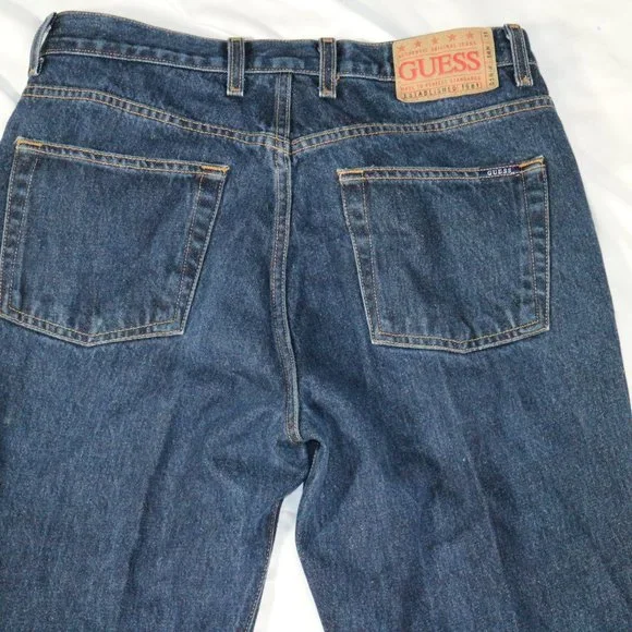 GUESS JEANS Bootleg Cut Dark Wash Blue Denim Jeans Sz 32 Men - Picture 10 of 13